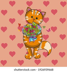 El gato rojo con flores. Postal, afiche, imagen, imagen.