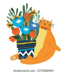 Gato rojo con flores en una olla. Flores florecientes en una olla. Un gato gordo se sienta abrazando flores. Ilustración vectorial plana, eps10
