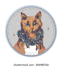 red cat with flowred wreath
