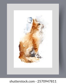 Red cat with fluffy tail sits on floor and looks up on wall art. Watercolor print. Artwork with ginger cat waiting for food or attention from its guardian, in frame with decor for poster