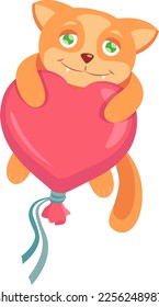 Gato rojo volando en un globo en forma de corazón. Ilustración vectorial del Día de San Valentín. El gato abraza el corazón