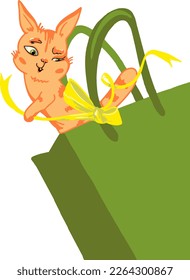 Red cat Fox cub unties a ribbon with a green gift bag