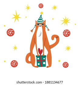 
Red cat funny cat in a New Year's hat. White background with flying snowflakes and bright yellow stars. Vector flat illustration