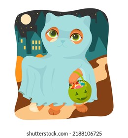 A red cat in a ghost costume. sweets for Halloween. Autumn entertainment. Pet. Kitten. Vector illustration.