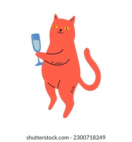 Red Cat With Glass Of Sparkling Wine