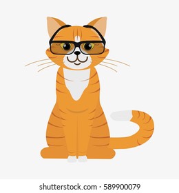 Red cat in glasses. Cartoon character. Domestic animal. Flat vector stock illustration