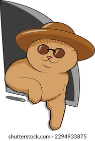 red cat in glasses and a hat rides in a car, vector illustration
