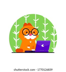 A red cat with glasses is sitting at a laptop and typing. Cartoon cute character. Flat style. Vector illustration.