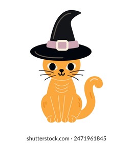 Red cat with green eyes for Halloween design isolated on white background. Happy Halloween holiday banner for web, postcards, flyers, etc. Flat style vector illustration