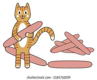 A red cat has found and is holding sausages.