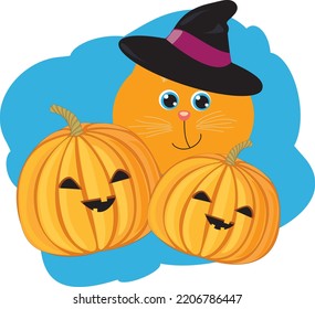 Red cat in a hat and pumpkins. Halloween illustration. Funny red cat in a witch's hat. Children's illustration.