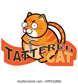 Red cat holding a fish in its claws skeleton. Image for the logo