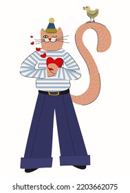 Un gato rojo sostiene un corazón con un saltador a rayas y pantalones con fondo de campana con un pájaro sentado en la cola. El concepto de amor. Ilustración aislada del vector. Feliz Día de San Valentín.