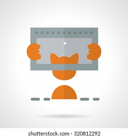 Red cat holding a tablet and taking a selfie. Simple flat color style vector icon. Design symbols for business and website.