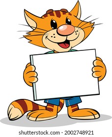 El gato rojo sostiene un cartel. 
Ilustración vectorial de una caricatura que sonríe gatito rojo rayado que sostiene un signo vacío en blanco.