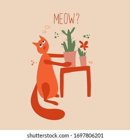 Red Cat with House Plant Vector Graphic Illustration Hand Drawn Cute Kids T-Shirt Art