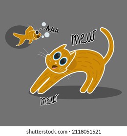 Red cat hunting and playing with goldfish. Postcard with a funny kitten on a dark gray background. Cartoon cat character. Flat color simple style design. Vector illustration