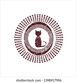 Red cat icon inside distress rubber stamp with grunge texture
