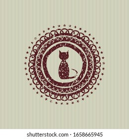 Red cat icon inside distressed rubber stamp with grunge texture
