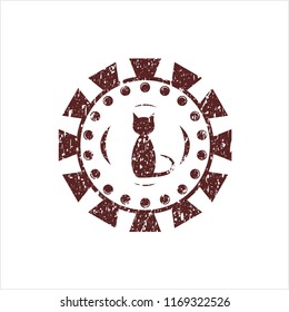 Red cat icon inside rubber seal with grunge texture
