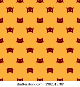 Red Cat icon isolated seamless pattern on brown background. Vector Illustration