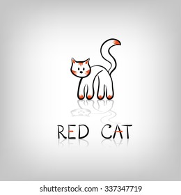 Red cat icon or logo. Vector object. Hand drawn line sketch design.