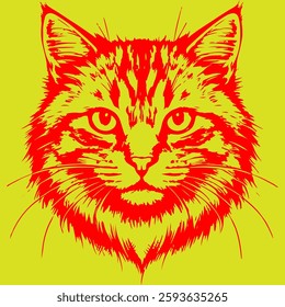 Red cat illustration on a yellow background, featuring detailed fur texture and a direct gaze.

