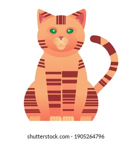 Red cat isolated on a white background in vector. A flat drawing of a striped animal. A seated character with green eyes. Kitty cat addition to your design