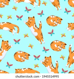 

Red cat jumps for a colored butterfly Seamless pattern, Cute cartoon character, Pet, group of vector objects isolated on a white background, hand draw.
