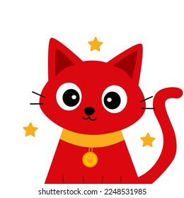 El gatito del gato rojo tierno caricatura kawaii personaje con ojos grandes, collar dorado, estrellas ilustración vectorial aislada en fondo blanco. Huella para la ropa de los niños. Un gatito con gran cabeza y cola.