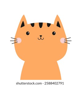 Red cat kitten face. Funny head round icon. Pink cheeks. Cute kawaii cartoon character. Valentines Day. Childish style. Greeting card template. Sticker print. . Blue background. Flat design. Vector