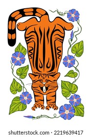 The red cat lies framed by flowers bindweed. Stylized illustration of a yawning ginger cat. Vector drawing. For posters, cards, t-shirt design.