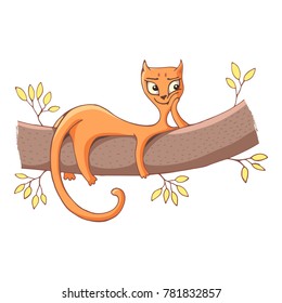 A red cat lies on a tree branch. Vector image in the style of a cartoon.
