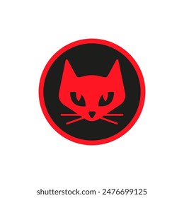Red cat logo. The head of a cat in a black round frame. Isolated vector illustration. Front view.