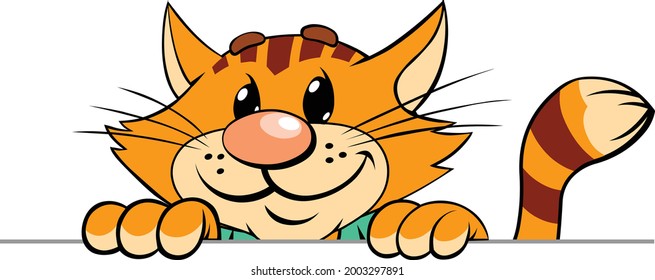 El gato rojo mira hacia afuera.
Una ilustración vectorial de una caricatura que sonríe gato rojo rayado mira hacia afuera.