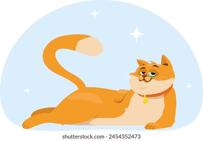 Red cat lying on the floor, pet resting. Stock vector illustration