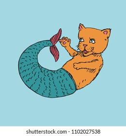 Red cat mermaid playing with its turquoise tail, hand drawn outline doodle sketch, colorful vector illustration