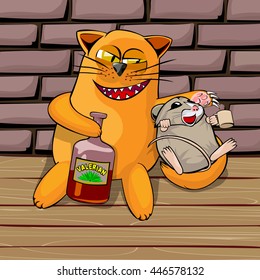 Red cat and mouse in the basement drinking valerian. Mouse drunk. cat look tricky, he shows his teeth and claws. Cartoon vector illustration with isolated objects.