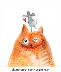 Red cat with mouse with heart smile. Watercolor. Vector