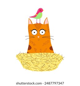 Red cat in a nest with a bird on its head, isolated vector illustration