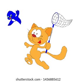 Red Cat With A Net Running After The Bird