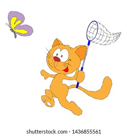 Red Cat With Net Runs For A Butterfly