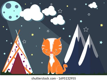Red cat at night in forest. Vector Illustration for kids room or textile print with Cat, in the mountains and wigwam with full moon and stars.