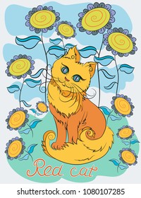 Red cat on a background of clouds and abstract flower with blue petals. Can be used as a postcard, printing on fabrics and utensils.