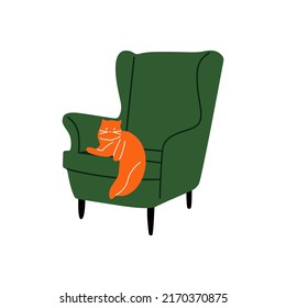 Red Cat On Comfy Chair. Cat Sleeping Cozy Armchair, Happy Playful Pet, Domestic Animal Drawing. Vector Modern Abstract Art