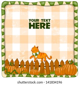 Red cat on a pumpkin field. Vector illustration