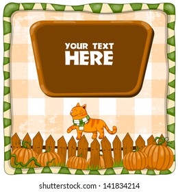 Red cat on a pumpkin field. Vector illustration