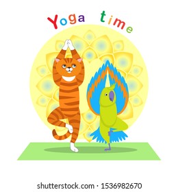 The red cat and the parrot from do yoga together. The set of asanas is made in a cartoon style.