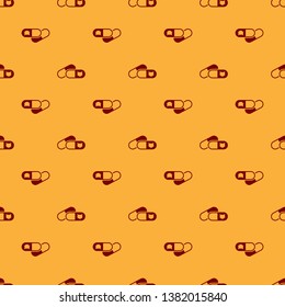 Red Cat and pills icon isolated seamless pattern on brown background. Prescription medicine for animal. Vector Illustration