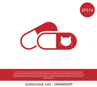 Red Cat and pills icon isolated on white background. Prescription medicine for animal. Vector Illustration